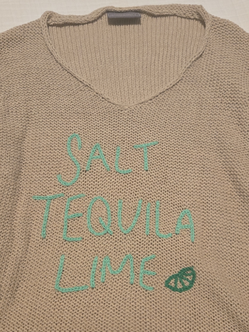 Wooden Ships Beige V-Neck Sweater with Green 'Salt Tequila Lime' Embroidery